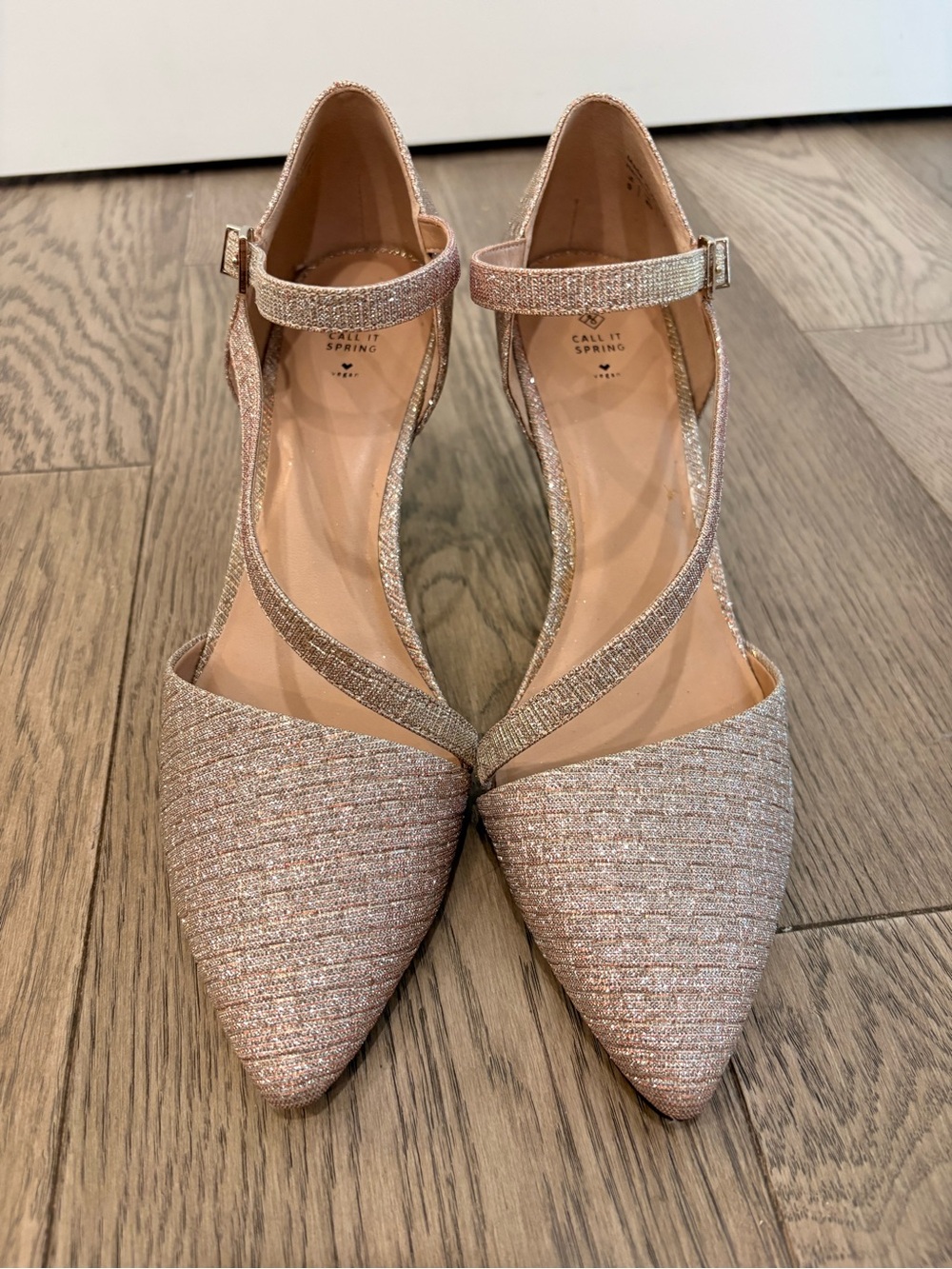 Call It Spring Rose Gold Glitter Pointed Ankle-Strap Heels